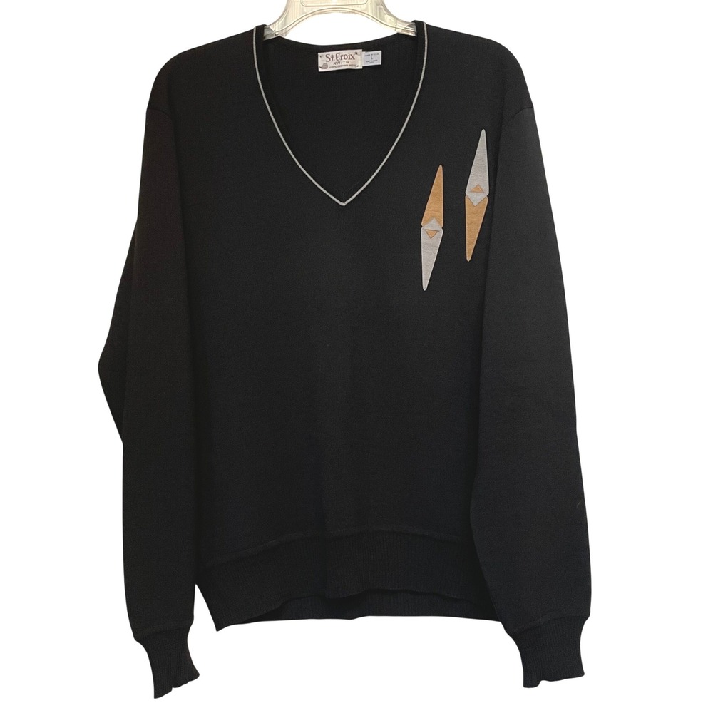 St. Croix Knits Mens‎ Black 100% Zephyr Wool V-Neck Sweater Geometric Applique L